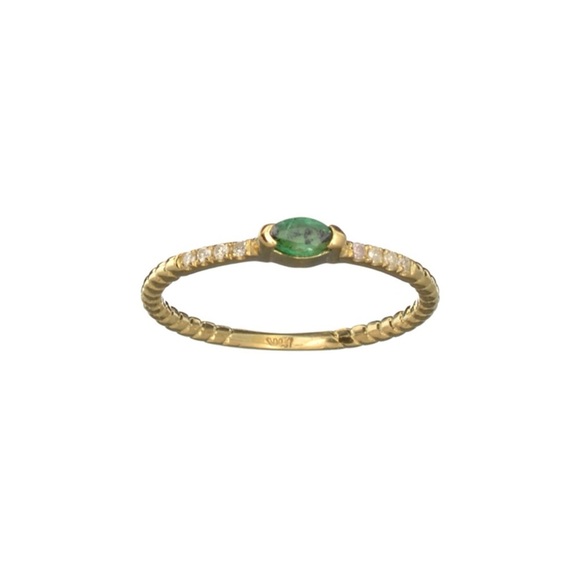Modern Minimalist Emerald Diamond Stack Ring Oval Marquise 14k Gold Beaded 7.25 - Picture 1 of 2